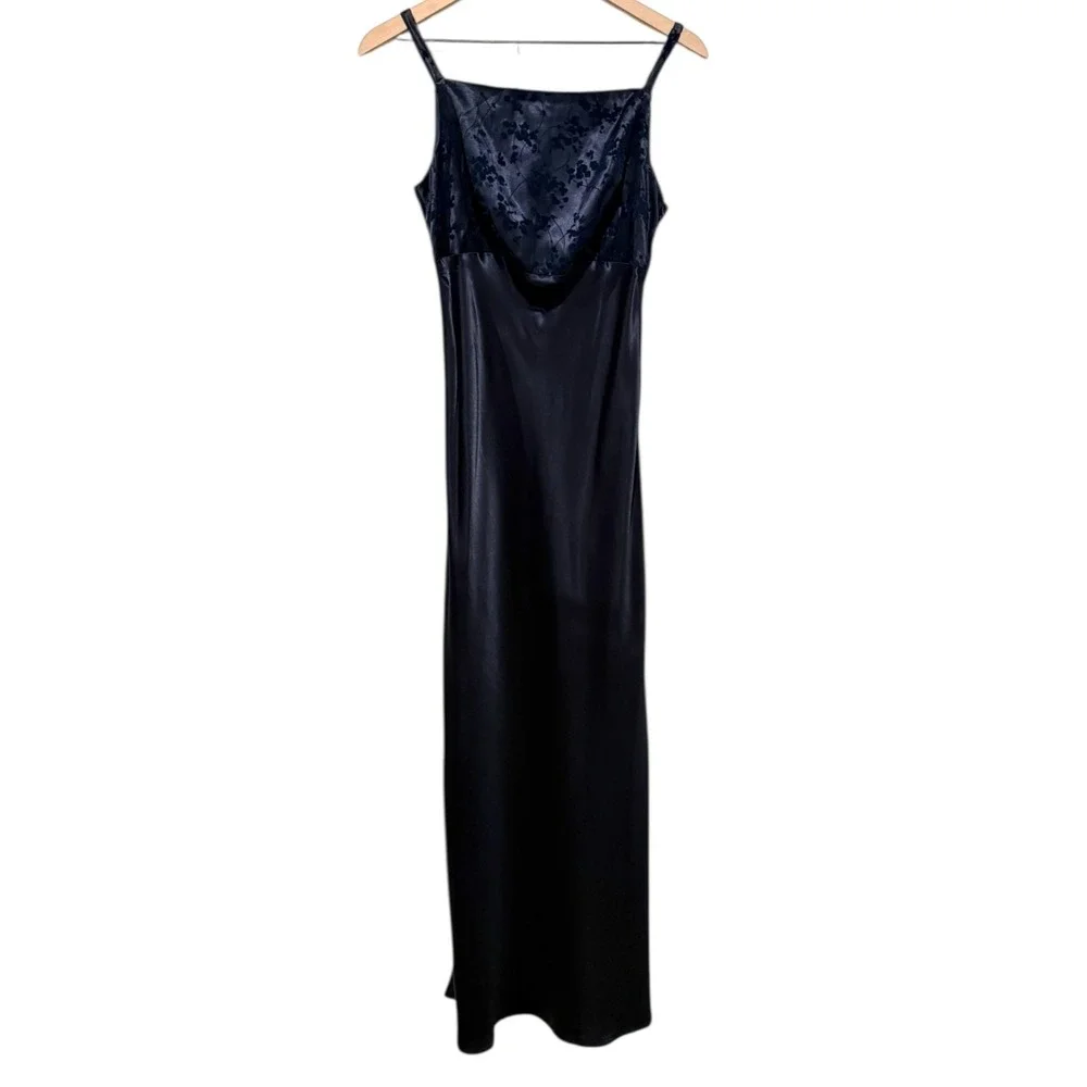 Vtg Y2K‎ Rampage Dark Blue Satin Maxi Slip Dress Sz 7 Whimsigoth Glitter USA 90s